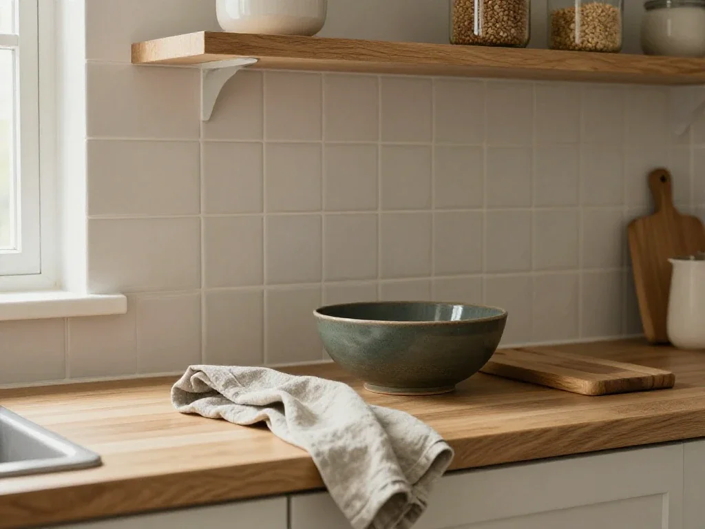 Cocina minimalista con encimera de madera clara y cuenco cerámico que transmite calma y orden.