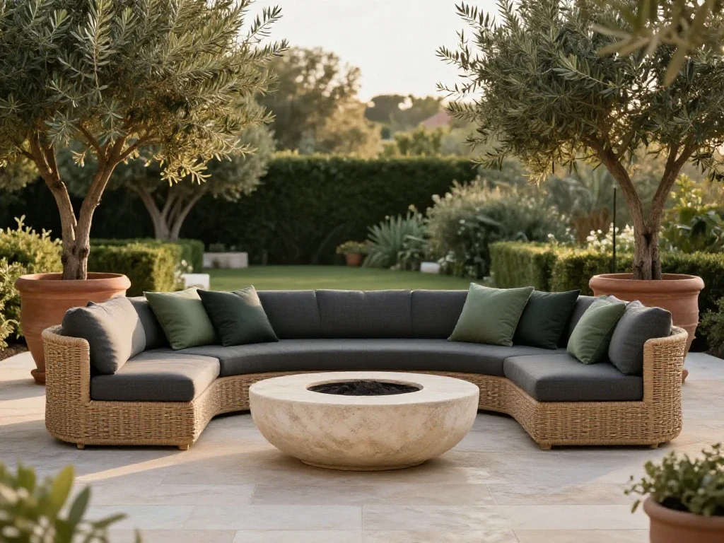 Terraza mediterránea decorada con mobiliario elegante y cojines en tonos verde y azul marino.