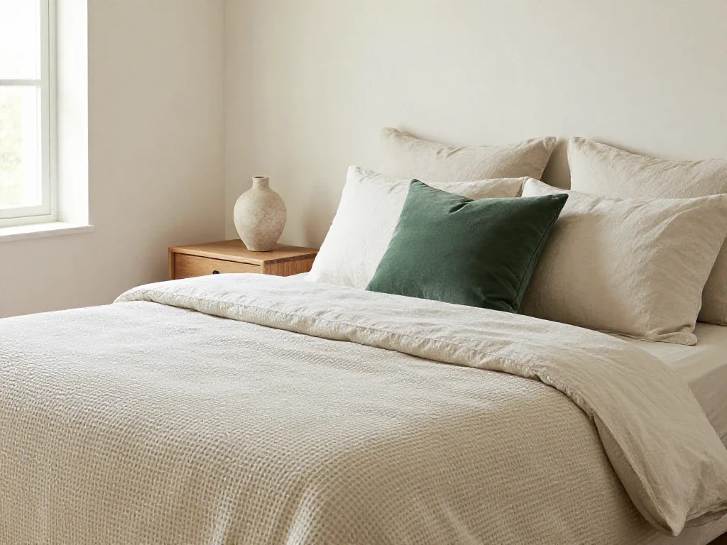 Dormitorio minimalista con textiles de lino y luz natural que inspira una vida pausada.