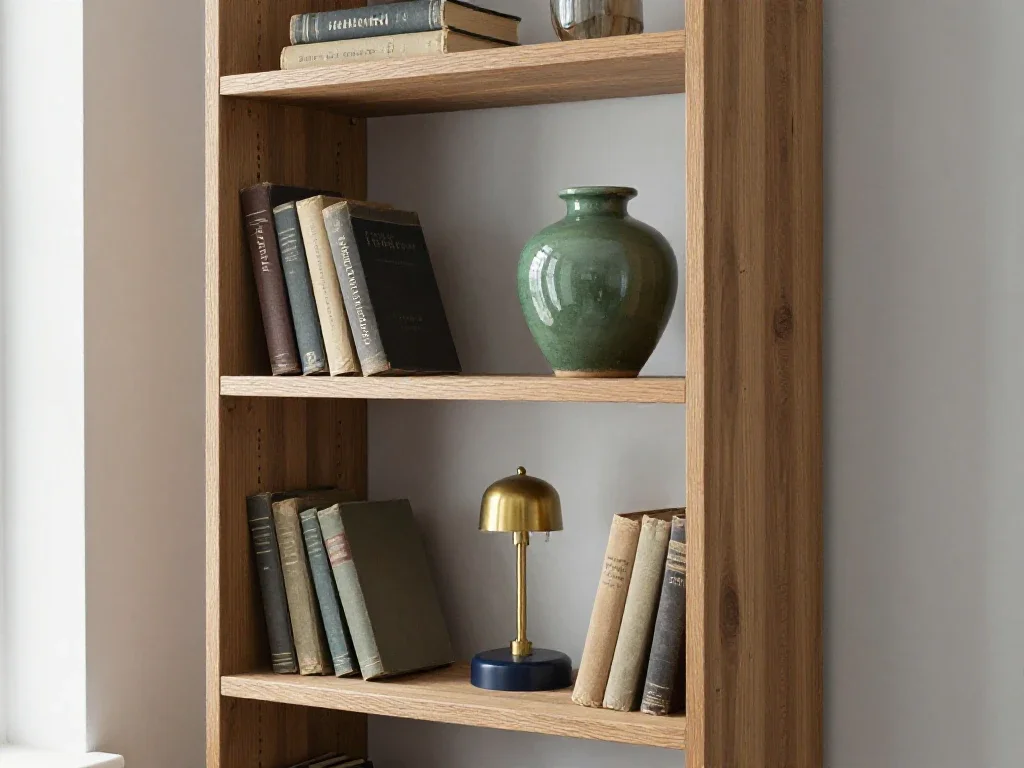 Estantería de madera organizada que transmite calma y equilibrio para un hogar pausado y acogedor.