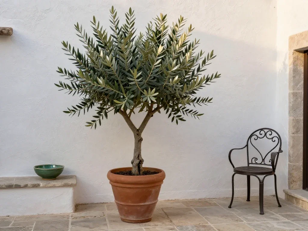 Patio mediterráneo con un olivo en maceta y muros blancos que transmiten serenidad y calma.