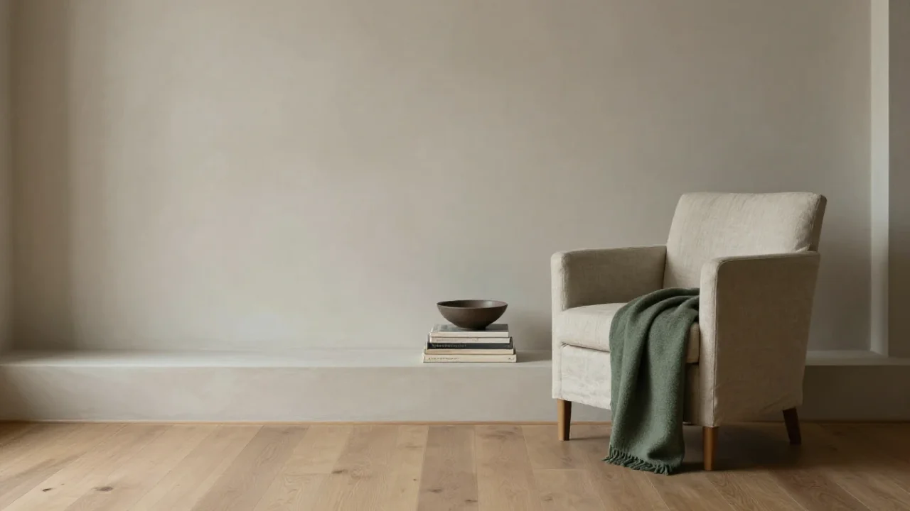 Salón minimalista con texturas naturales que evoca un diseño doméstico meditado y tranquilo.
