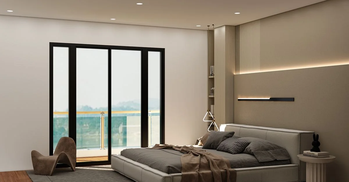 Dormitorio moderno, elegante y con estilo, con decoración minimalista e iluminación natural.